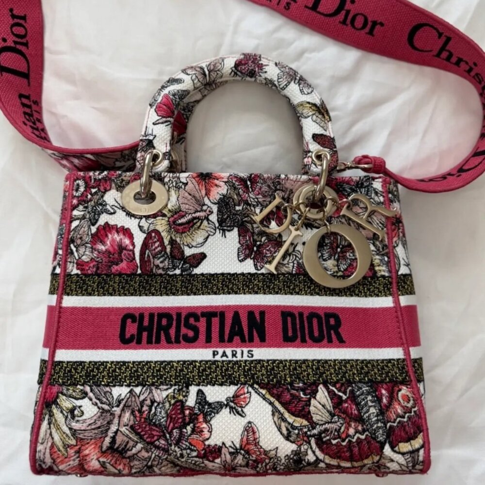 CHRISTIAN DIOR Canvas Embroidered Butterfly Print Medium Lady D-Lite in Multicol